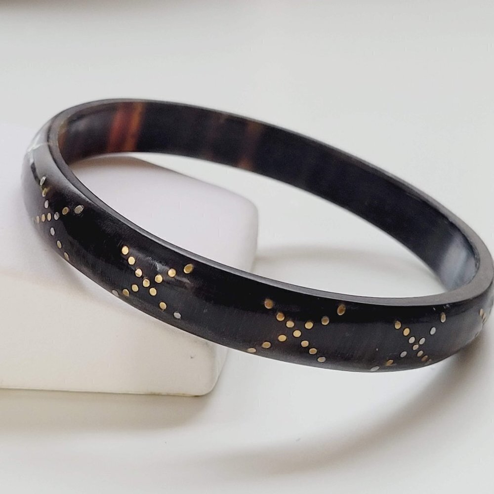 Vintage Brass Pique "X" Cross Inlay Natural Horn Boho Bangle Bracelet